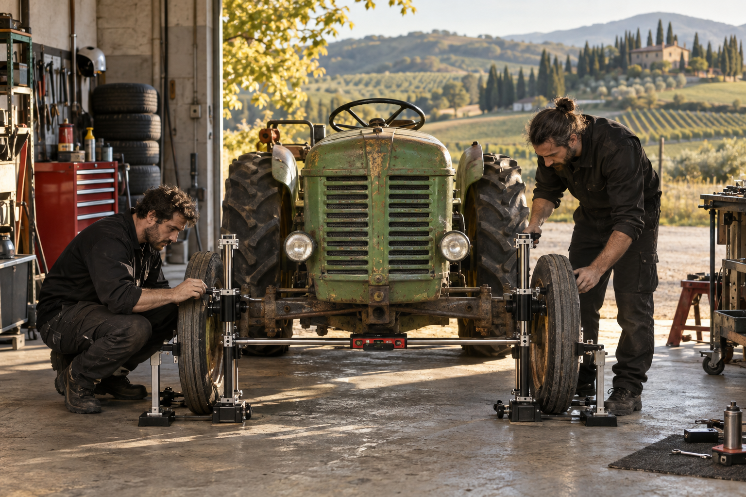 Due meccanici regolano con precisione l'assetto di un trattore verde