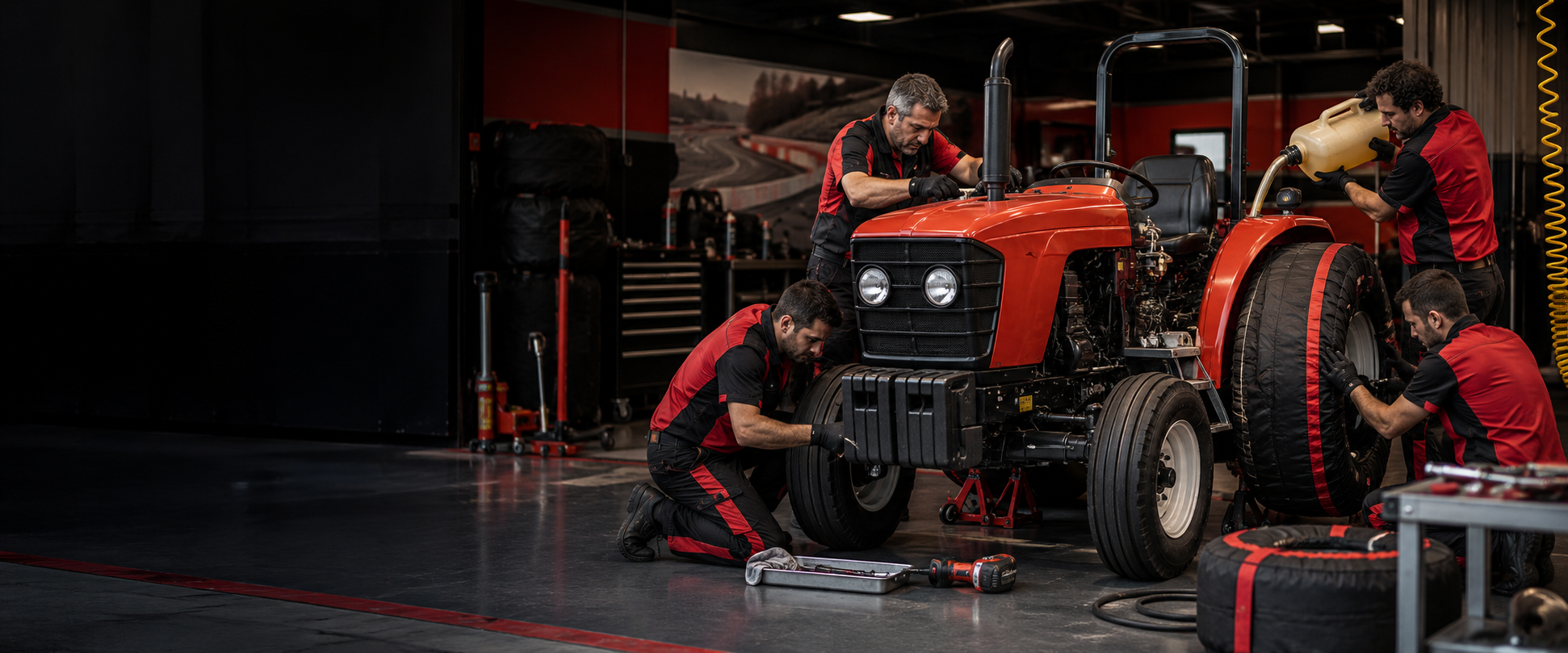 Meccanici da corsa preparano un trattore rosso in officina