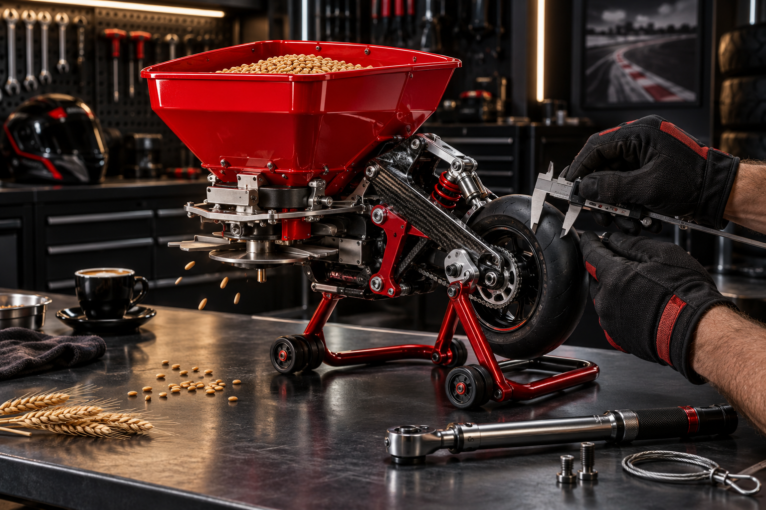 Prototipo di seminatrice rossa ispirata a una moto da corsa